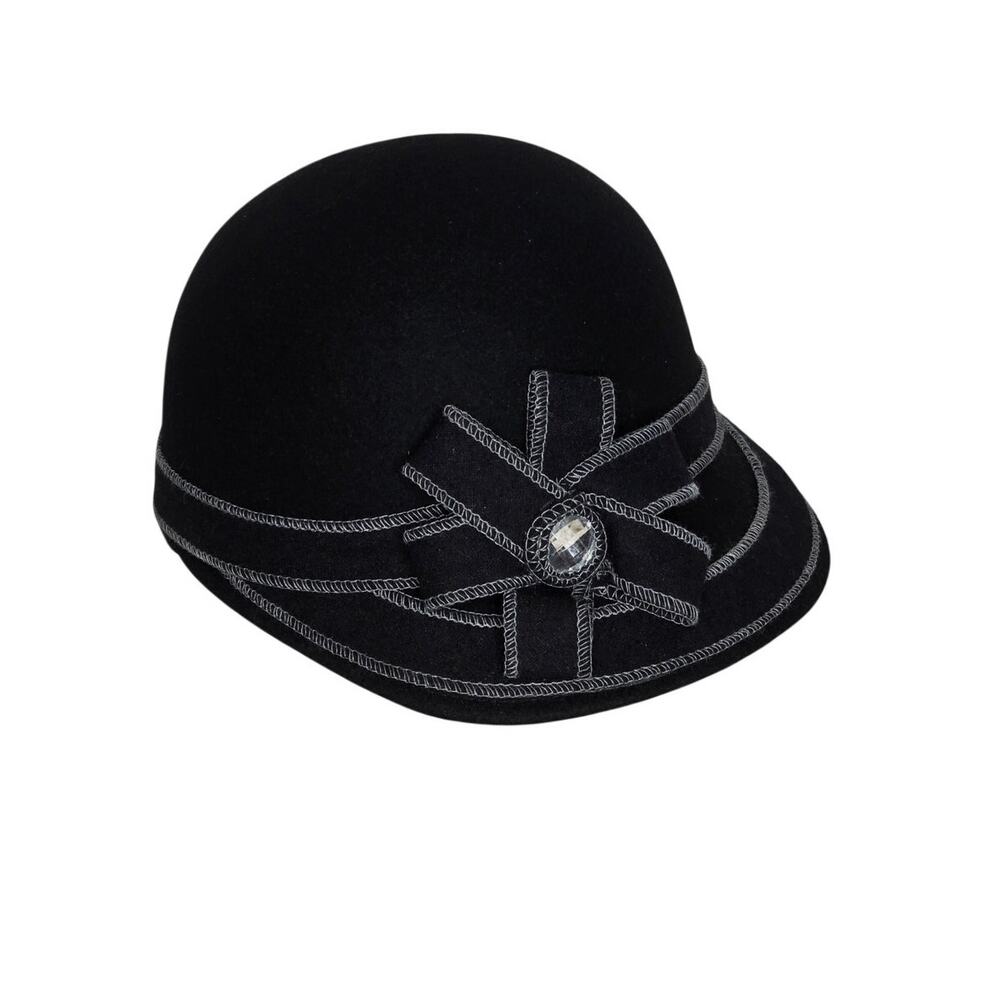 ICING Black Wool Cloche Hat Gray Stitching Rhinestone Accent One Size
